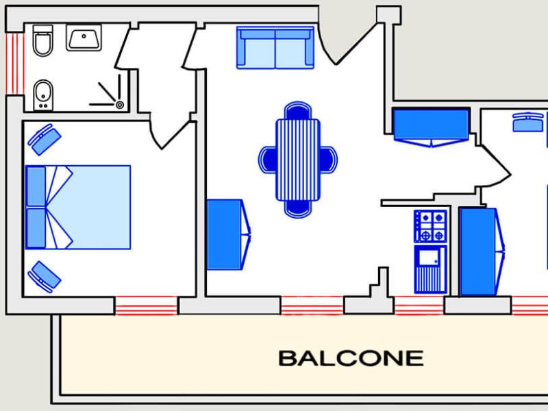 Appartamento con due camere, bagno, soggiorno e balcone.